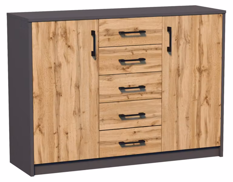 Comodino con 5 cassetti e 2 ante, finitura opaca. Comodino largo 110 cm, mobile contenitore in legno, credenza, mobile alto. Comodino con cassetti, colore: rovere grafite