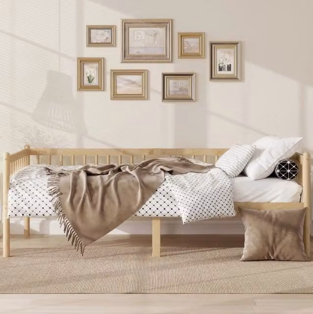 Letto da giorno in legno di pino naturale marrone con sponde a tre lati L/P/H: 200 x 90 x 120 cm