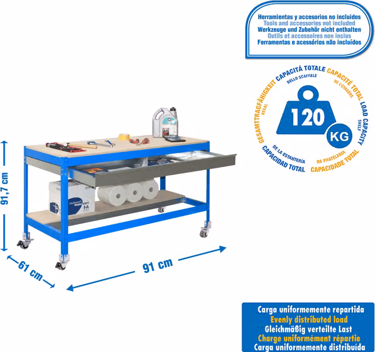 Tavolo da lavoro e assemblaggio in metallo senza parafusibili SIMONWORK MOBILE BT0 BOX 900 BLU/LEGNO