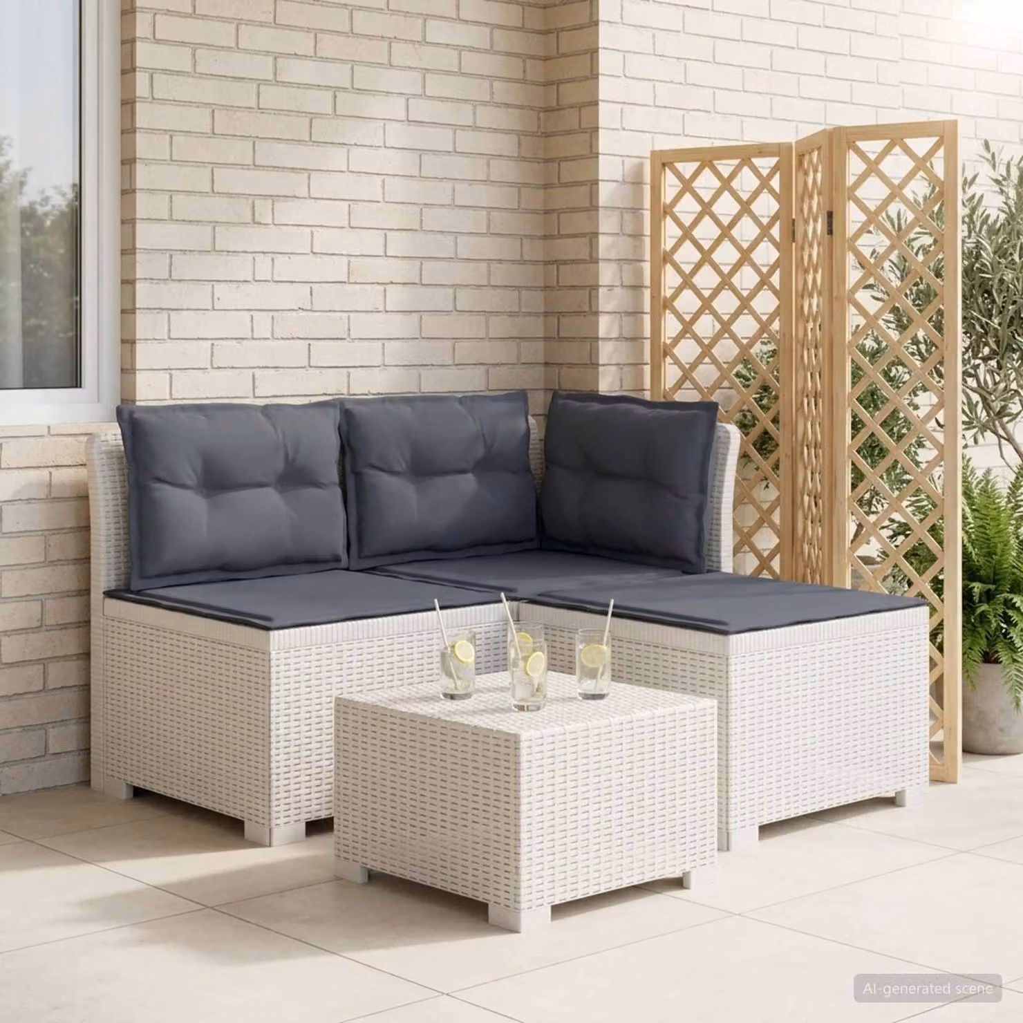 Divano da giardino a L vidaXL con cuscini in look rattan, grigio e bianco, resistente ai raggi UV e alle intemperie
