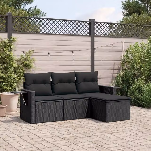 Set Divani da Giardino 4 pz con Cuscini Nero in Polyrattan 3252402