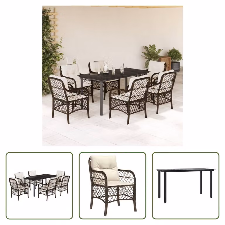 The Living Store Set da pranzo da giardino 7 pezzi con cuscini in polirattan marrone