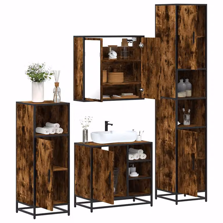 Set di mobili da bagno industrial vidaXL 4 pezzi in legno e metallo marrone con specchio e illuminazione LED