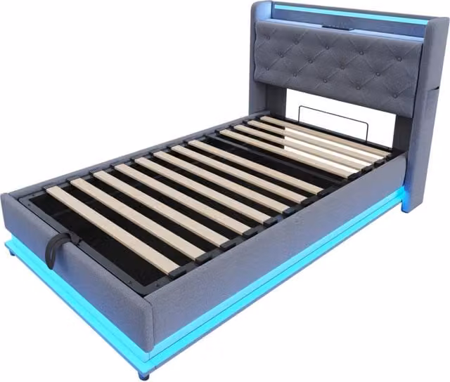 Letto singolo imbottito 90x200 cm con luci a LED multicolori, presa USB e vano contenitore idraulico, rivestimento in lino grigio