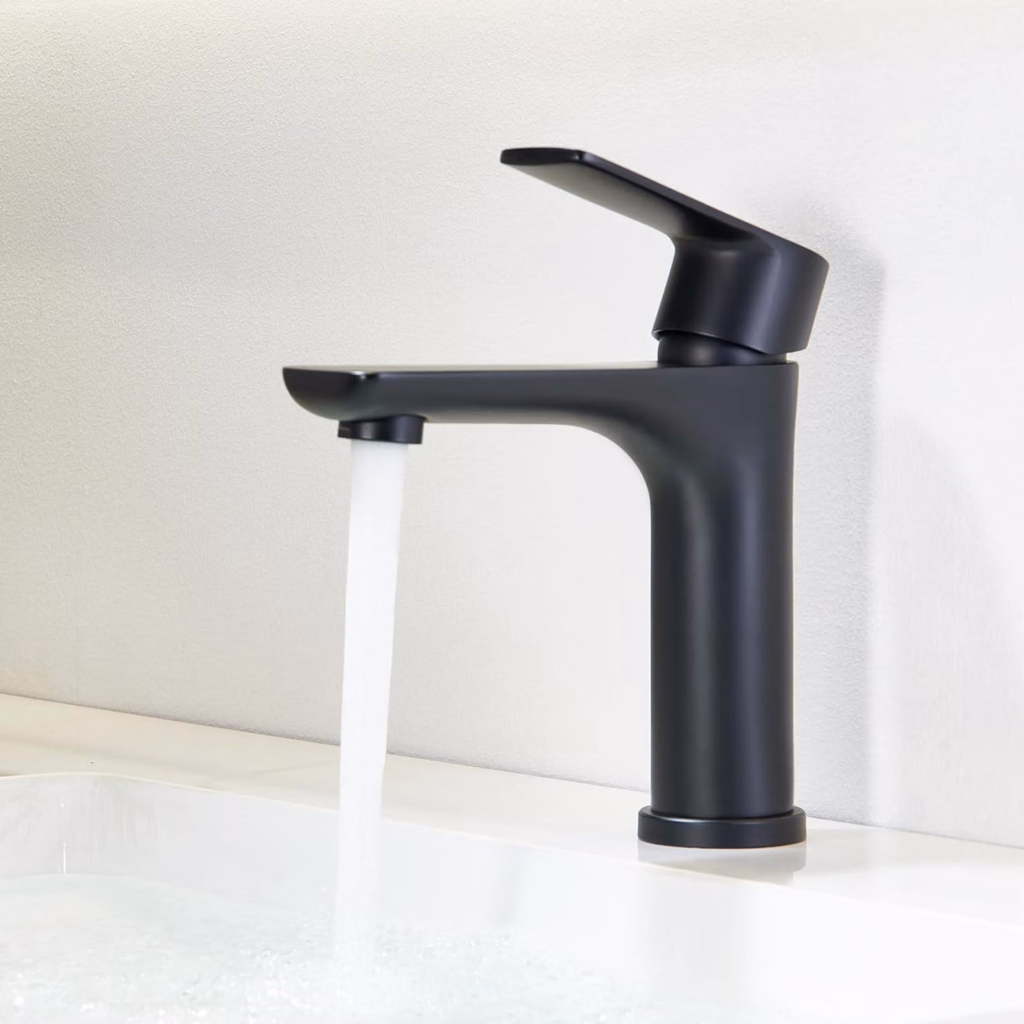 Miscelatore per lavabo, monocomando, nero opaco, completo di gruppo di scarico, a risparmio idrico