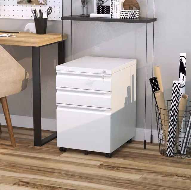 Cassettiera da ufficio mobile MODFU in acciaio bianco con 3 cassetti, serratura e ruote, L: 39 cm, P: 48 cm, H: 60 cm