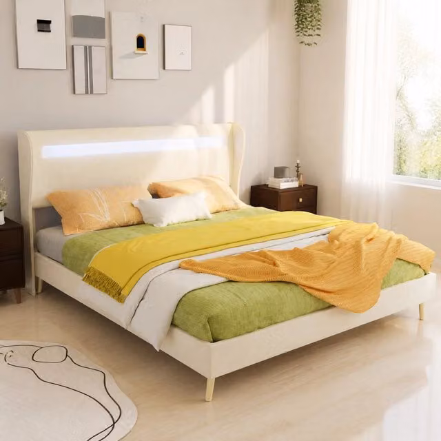 Letto imbottito Mivray in tessuto e metallo beige con illuminazione LED sottostante, L/P: 160 x 200 cm