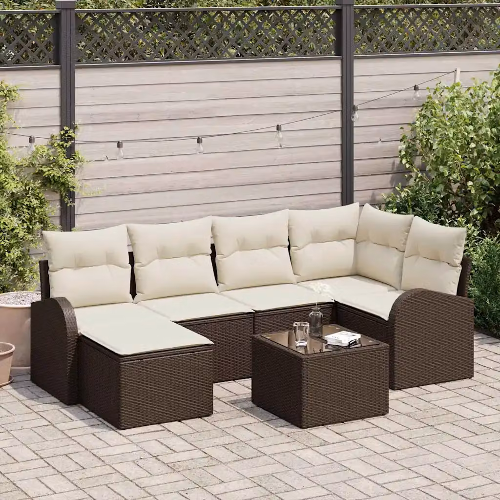Set Divano da Giardino vidaXL 7 Pezzi in Polyrattan Marrone con Cuscini e Struttura in Metallo – 1