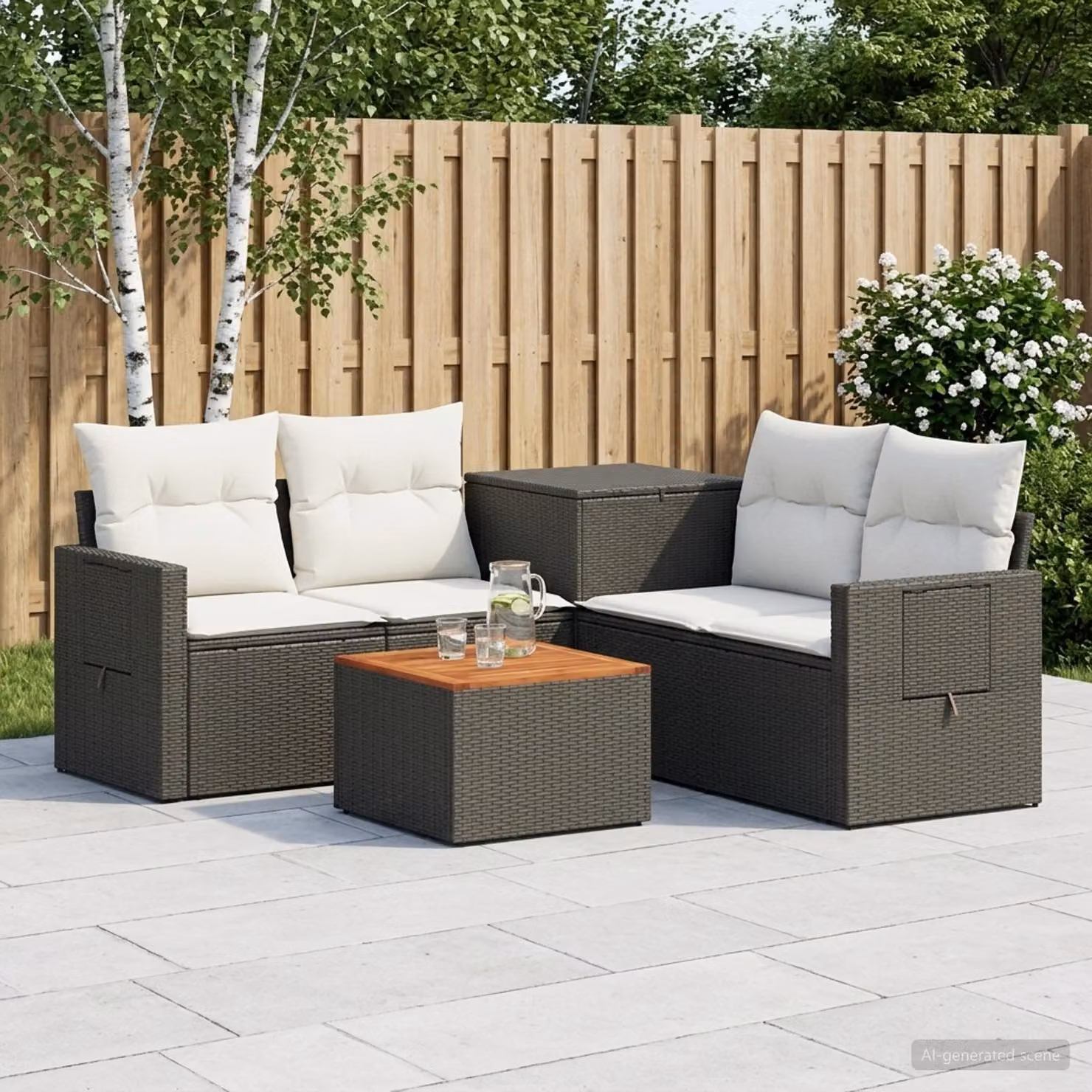 Set di divani da giardino vidaXL in polyrattan nero e bianco con tavolo da caffè e cuscini inclusi