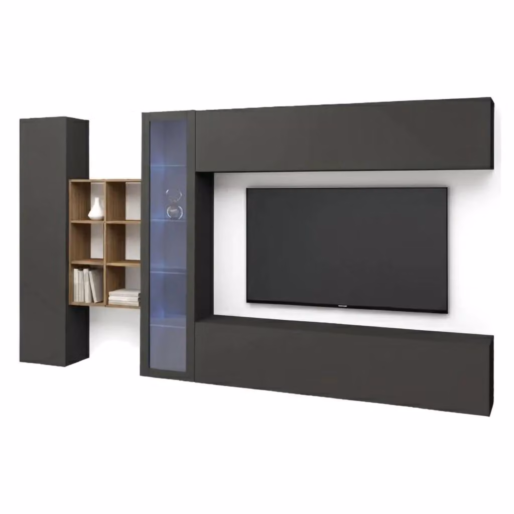 Parete Attrezzata Mobile Soggiorno Alessano DMORA con 18 Ripiani e Illuminazione Integrata, L: 280 cm, P: 30 cm, H: 180 cm, Nero Antracite – 2