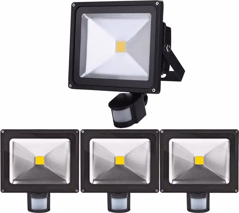 Greenmigo Proiettore LED 4x30W con sensore di movimento, luce bianca calda, alluminio, IP65, proiettore da esterno, impermeabile