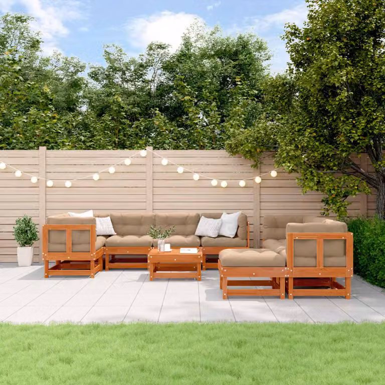 Set Lounge da Giardino vidaXL 33 Pezzi in Legno di Pino Cerato Marrone con Divano a L, Tavolino, Ottoman e Cuscini