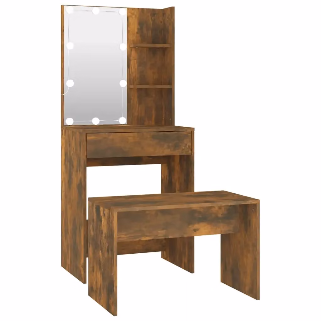 Set Tavolo da Toeletta con LED vidaXL in Legno Rovere Colore Marrone L: 140 cm, P: 40 cm, H: 60 cm – 2