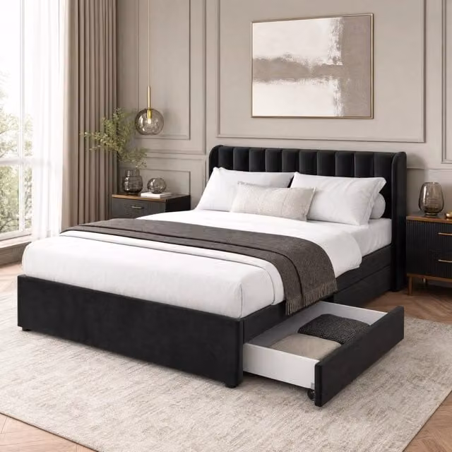 Letto matrimoniale ULEVR 160x200 cm in velluto nero con testiera, rete a doghe e 2 cassetti