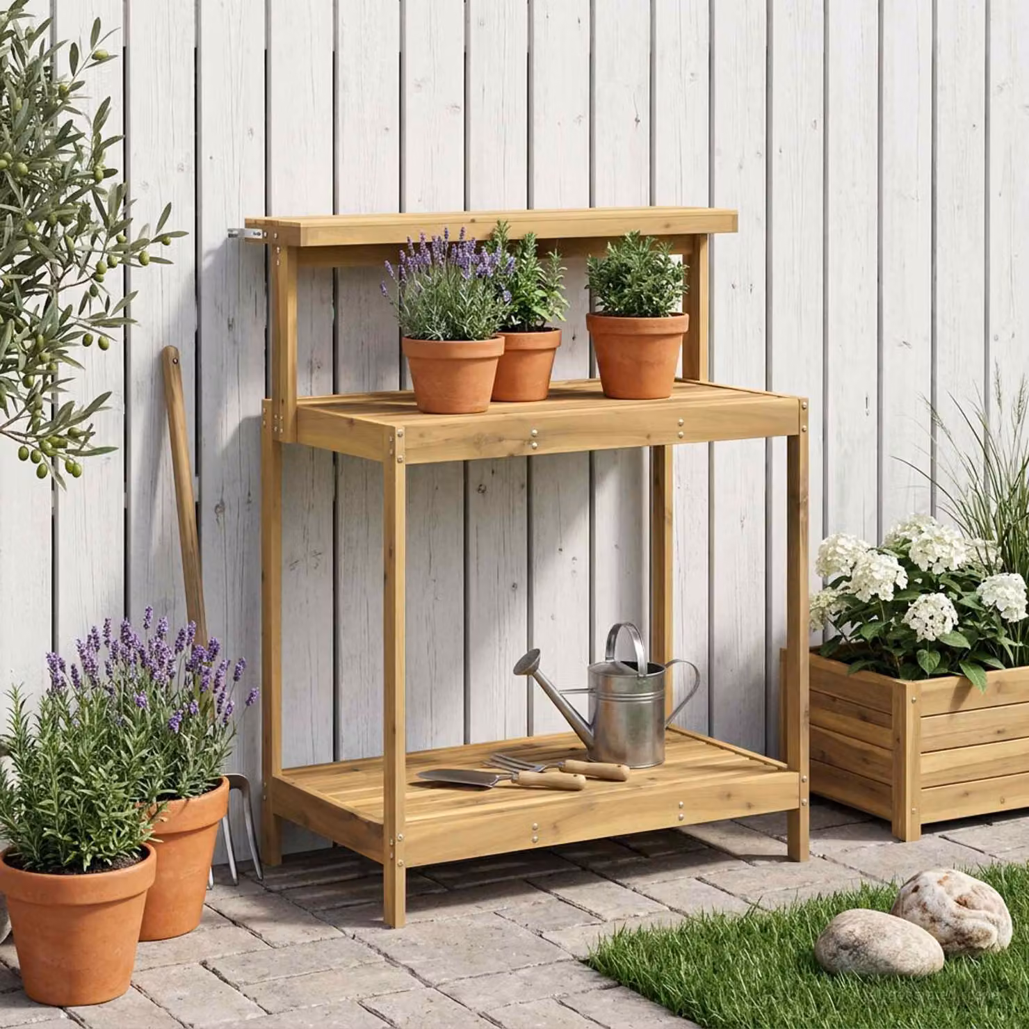 vidaXL Banco da Giardinaggio Esterno in Legno di Acacia Bianco L: 86,5 cm, P: 48,5 cm, H: 106 cm