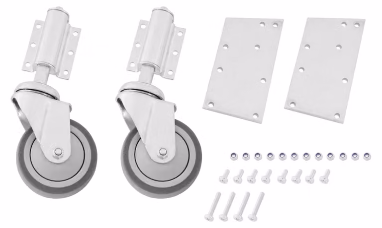 Set di rotelle a molla Hymer con bloccaggio automatico per scale a pioli e scale a piattaforma, orientabili sul supporto