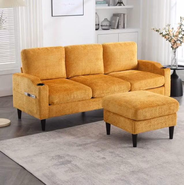 Divano 4 posti in ciniglia giallo con pouf contenitore; portabicchieri e tasche laterali HOMVRA