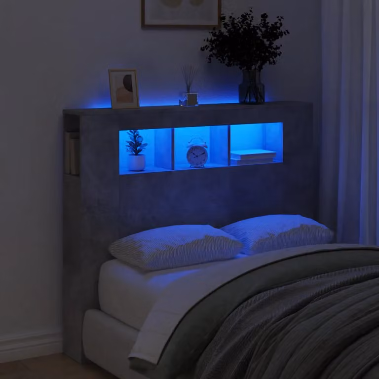 Testiera con LED e porta USB vidaXL in legno multistrato, Grigio Cemento, L 120 x P 18,5 x H 103,5 cm
