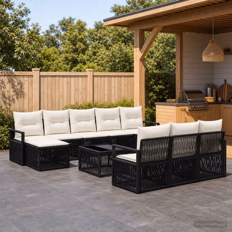 Set Divano da Giardino vidaXL 11 pz Nero in Polyrattan con Tavolino e Ottoman