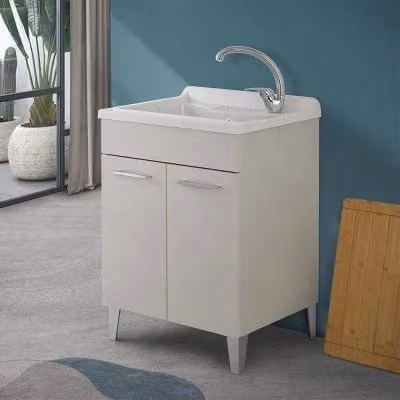 Mobile lavatoio Moon grigio calce con vasca in resina e kit di scarico L 60 cm x P 50 cm