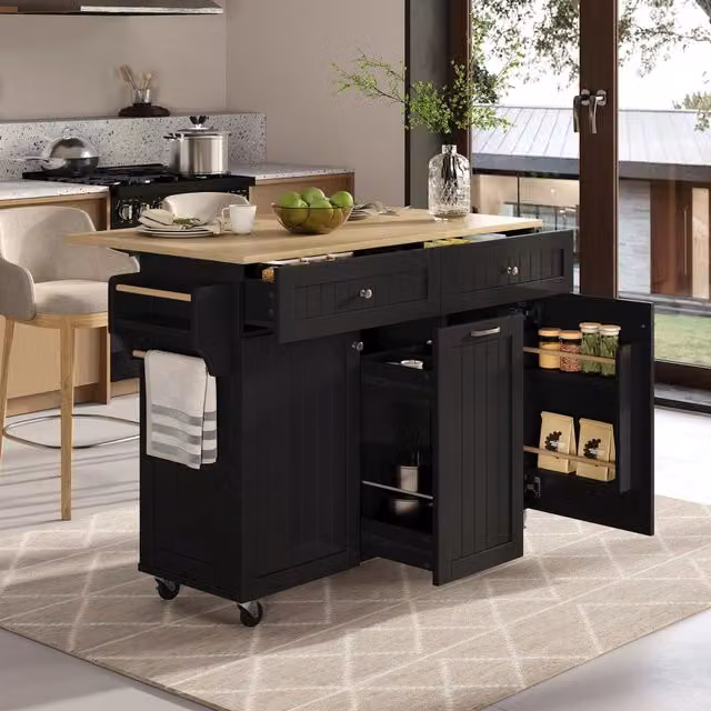 Isola cucina con piano estraibile e ribaltabile, 2 cassetti multifunzione, ruote, per cucina e sala da pranzo, nero e naturale, 140 × 40-70 × 92 cm