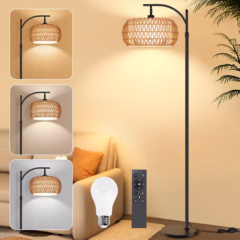 Lampada da terra in rattan per soggiorno, lampada da terra in rattan con telecomando e lampadina a LED, controllo tramite app, lampada da terra vintage con doppio paralume, lampada da terra boho per camera da letto, lampada da terra E27.