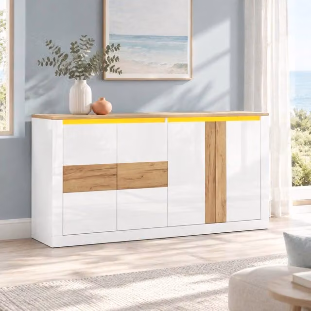 Credenza ULEVR 140x35x70 cm con 4 ante, ripiani regolabili e illuminazione RGB, bianco lucido ed effetto rovere