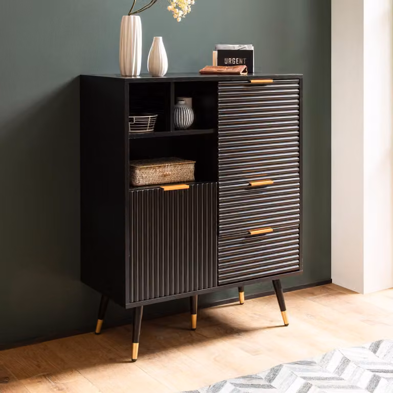 FineBuy Credenza 77x97x40 cm Credenza nera con finitura in rovere Comò con ante e cassetti Comò da ingresso con ripiano Moderno