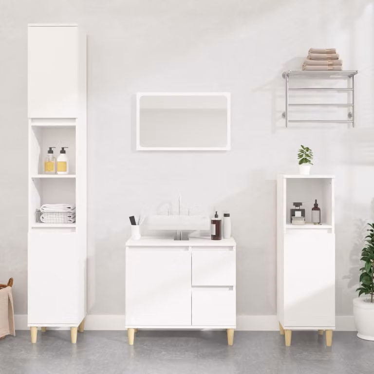 Set di mobili da bagno moderno vidaXL in 3 pezzi bianco in legno e MDF con mobile lavabo e colonna alta