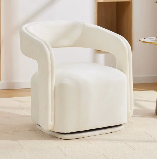 Sedia girevole Barrel 360° in tessuto chenille bianco, poltrona da soggiorno o angolo lettura