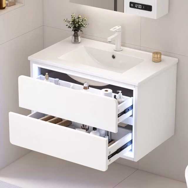 Mobile Bagno Sospeso con Lavabo Integrato e LED ¨C MINIMAL ¨C Bianco, 2 Cassetti, 76x46x48.5cm