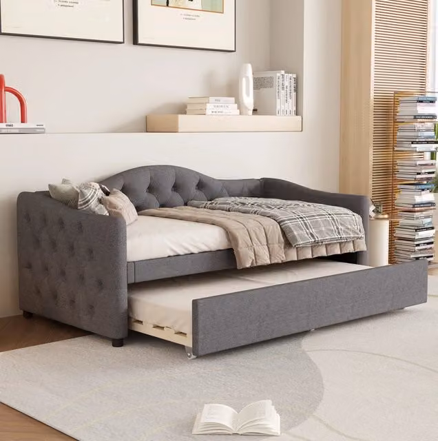 Letto da giorno ULEVR 90x200 cm con letto estraibile 90x190 cm, rivestimento in lino grigio