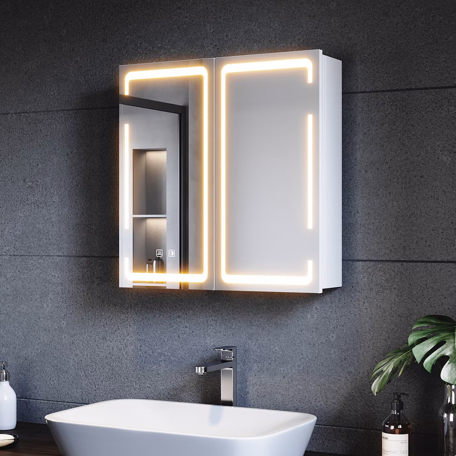 SONNI Armadio a specchio in metallo con illuminazione a LED 59x60x14 cm, interruttore dimmerabile a doppio tocco, 2 porte, struttura a cerniera senza fili, armadio a muro, armadio da bagno