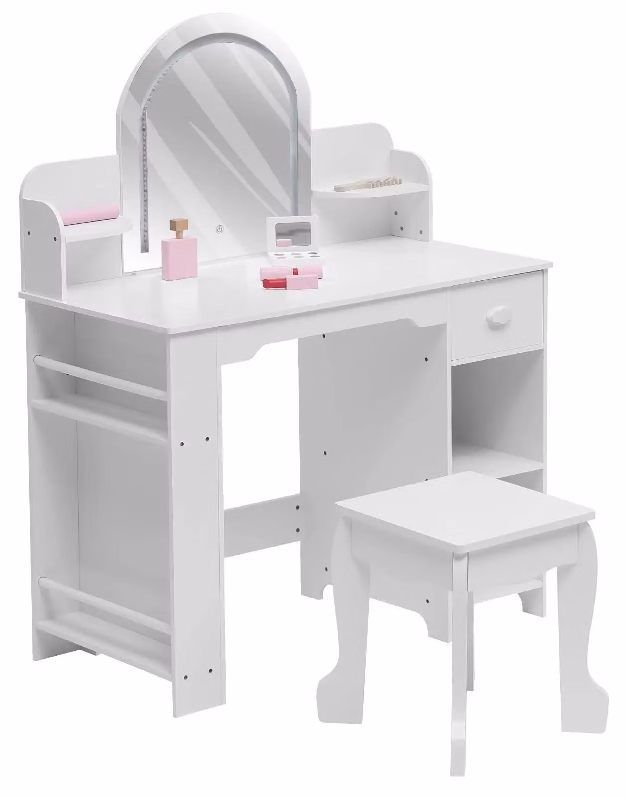Tavolino da trucco per bambine, a tema principessa - Include uno sgabello - Specchio con illuminazione LED e controllo touch - 3 modalità di illuminazione regolabili - Spazio contenitivo con cassetto e ripiano - Struttura robusta in MDF - Colore: bianco