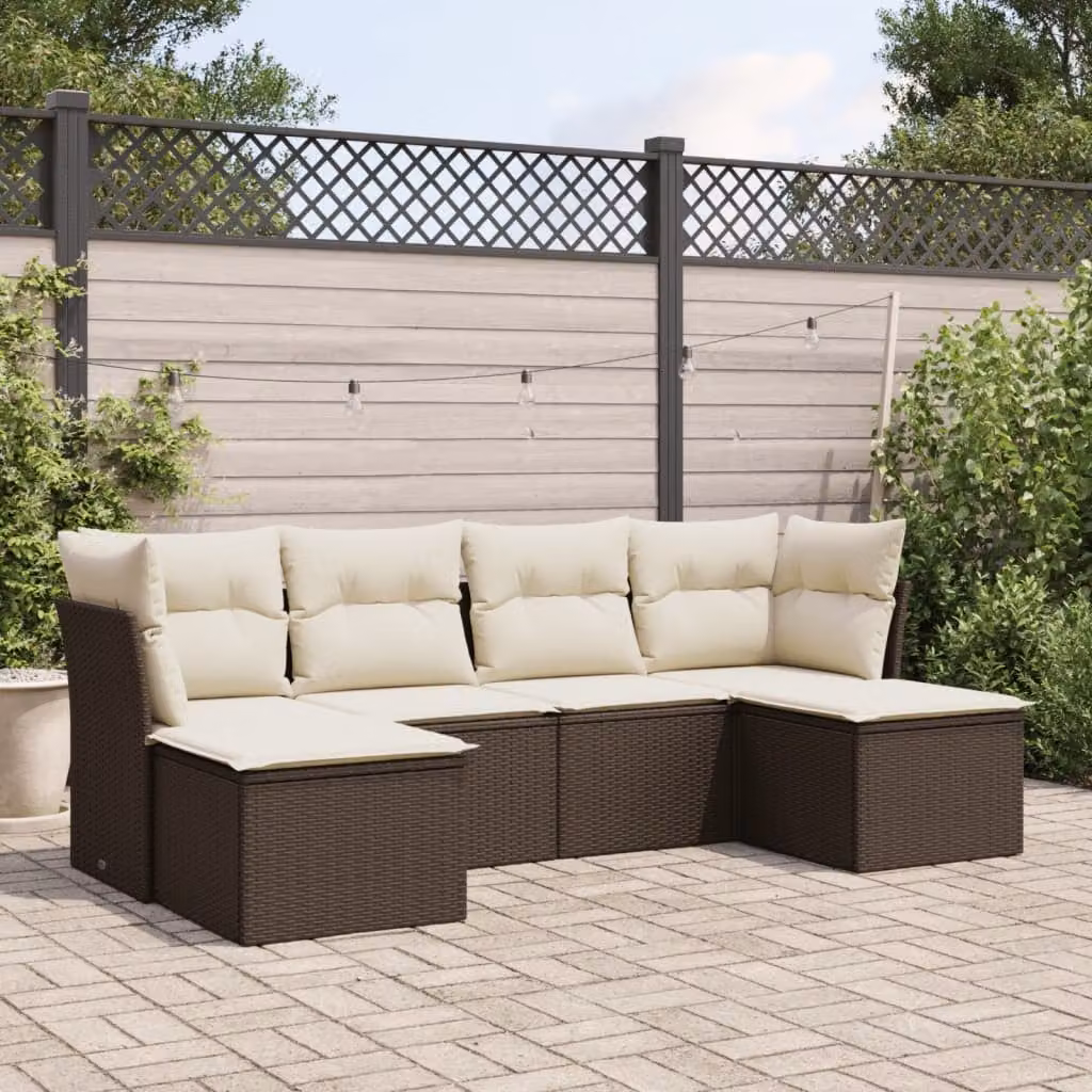 vidaXL Set Divano da Giardino 6 pz in Polyrattan Marrone e Bianco con Cuscini e Ottoman – 1