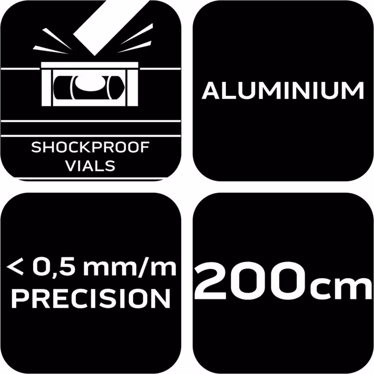 NEO TOOLS livella in alluminio, 0,5 mm/m 40, 60, 80, 100, 120, 150, 200 cm livella con attacco antiurto - 200 cm
