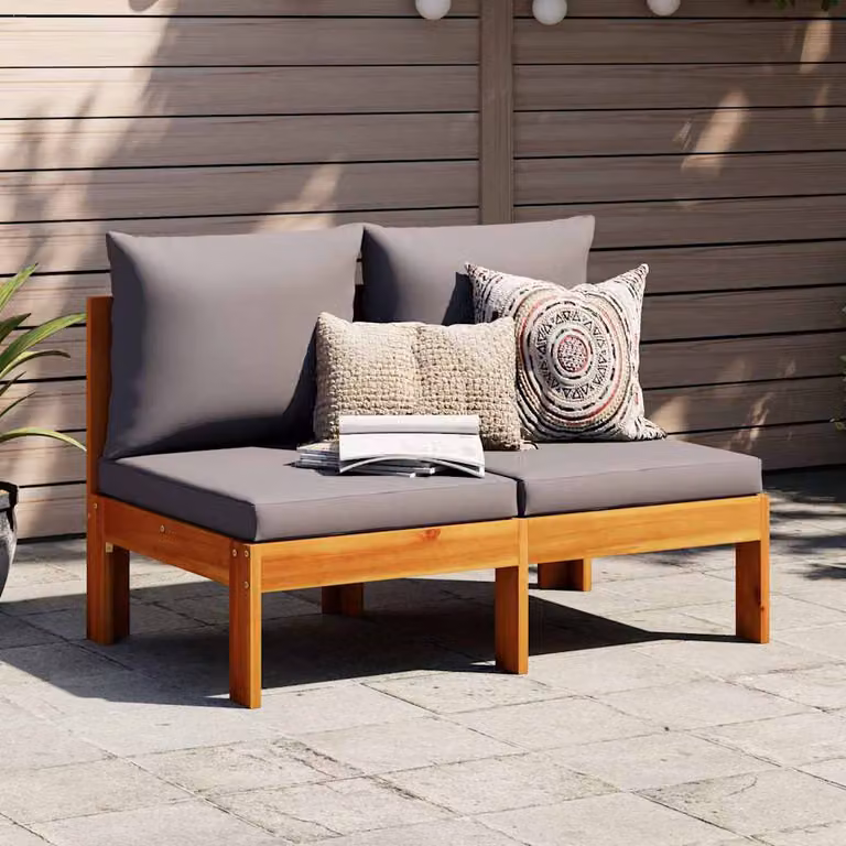 vidaXL Divano da giardino a 2 posti in legno massiccio di acacia con cuscini imbottiti grigi e marroni L: 106 cm, P: 68 cm, H: 64 cm