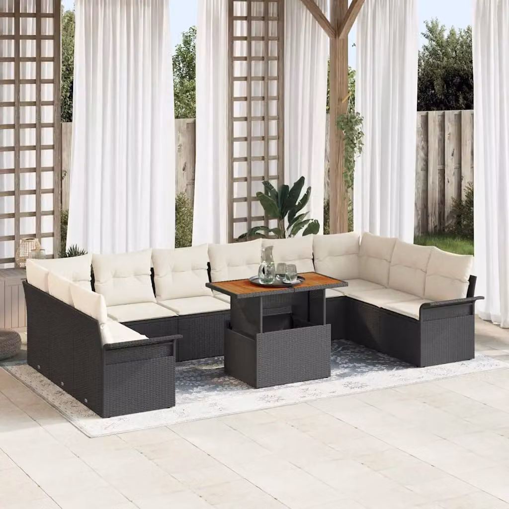 Set Divano da Giardino vidaXL 11 pz a forma di U in Polyrattan con Cuscini, Nero e Beige – 1