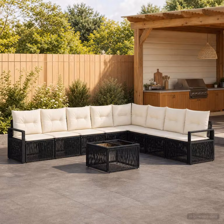 Set Divano da Giardino vidaXL 10 Pezzi a Forma di U con Tavolino, Polyrattan e Colore Nero