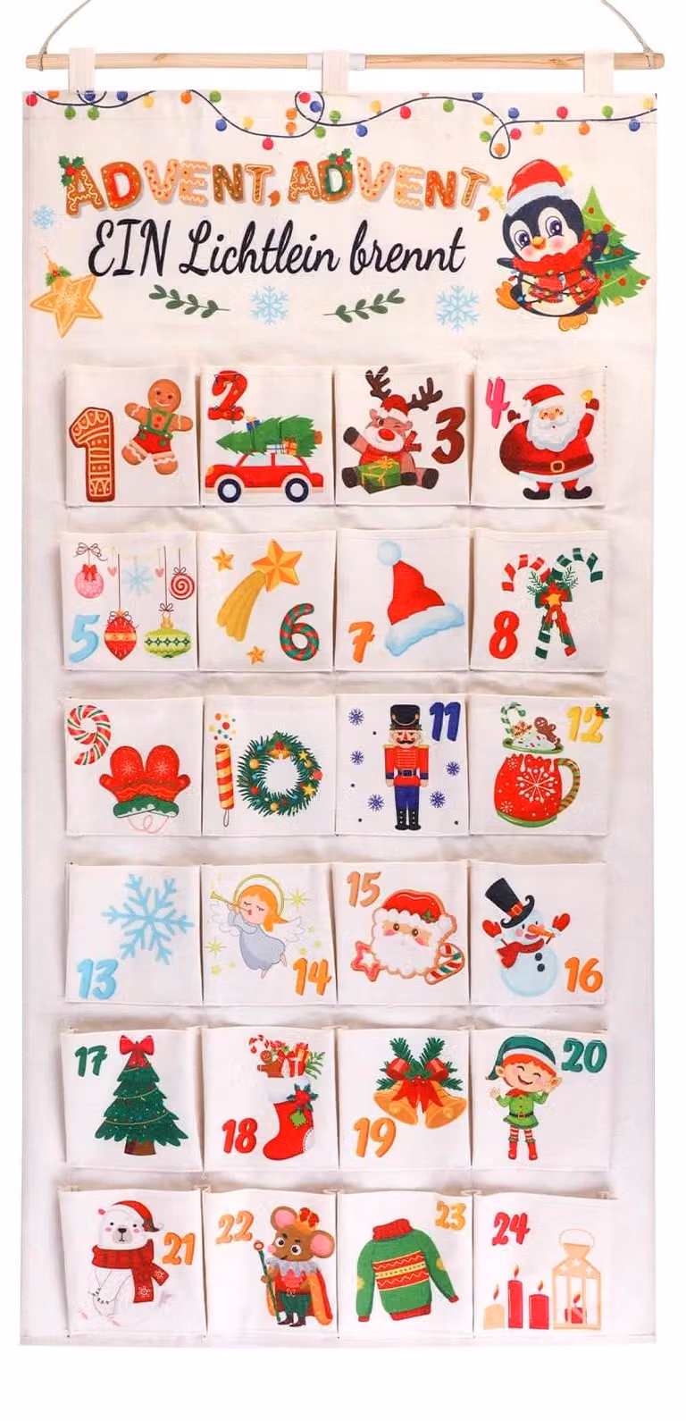 Calendario dell'Avvento da riempire, 24 sacchetti in tessuto, riutilizzabili, calendario da parete