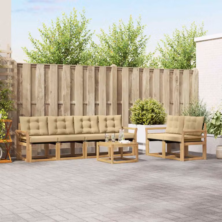 Set di divani da esterno vidaXL 7 pz in legno di acacia con tavolino e cuscini, Bianco e Beige