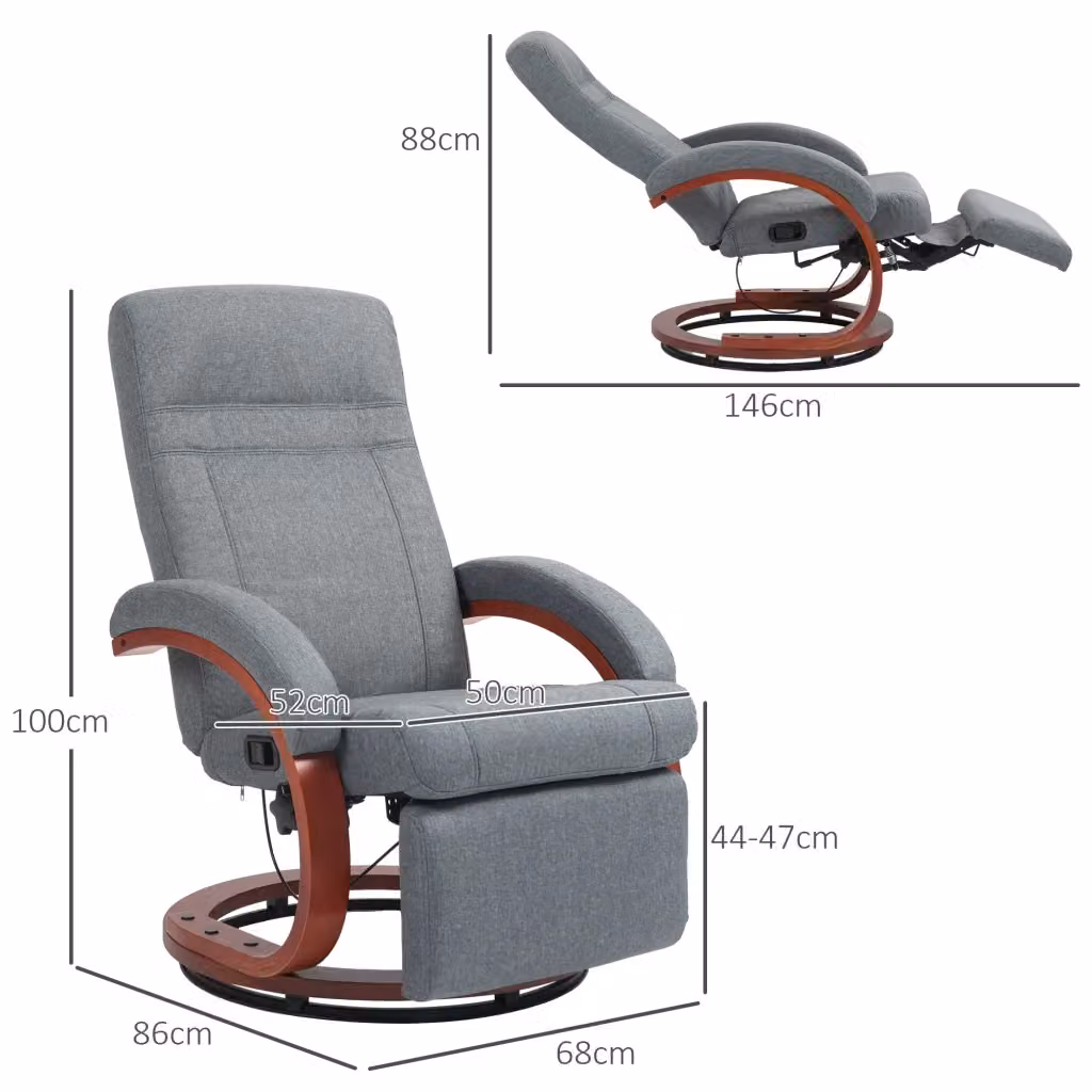 Sedia relax girevole WISHDOR con schienale reclinabile 135°, poggiapiedi incluso, struttura in legno di eucalipto e tessuto effetto lino grigio – 2