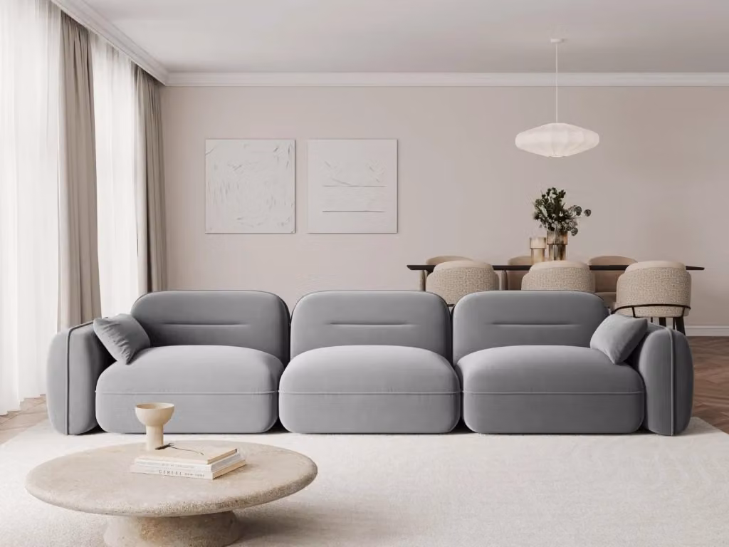 Divano modulare Sydney di Cosmopolitan Design a 4 posti in velluto grigio chiaro L: 320 cm, P: 109 cm, H: 70 cm – 2