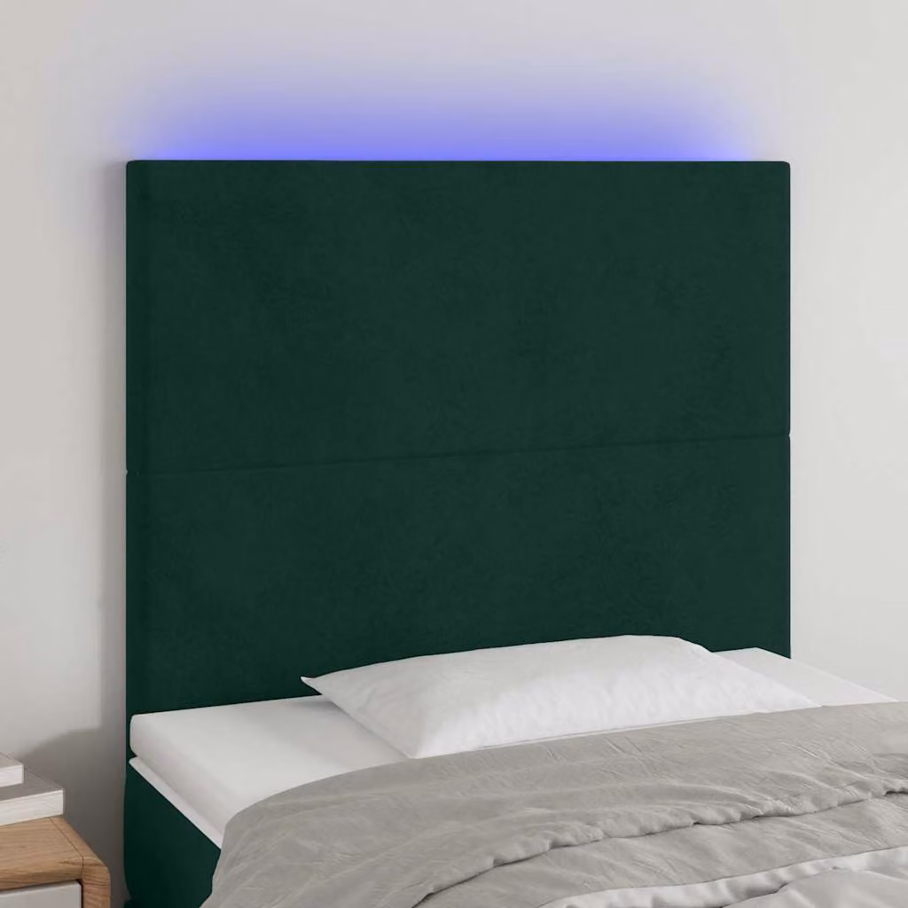 Testiera per letto vidaXL in velluto verde scuro con illuminazione LED e porta di ricarica USB, L: 100 cm, P: 5 cm, H: 118-128 cm