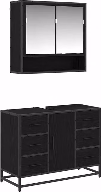 Set di mobili per il bagno moderno composto da mobile lavabo e armadietto con specchio in legno e metallo nero opaco L/P/H: 80.0 x 45.78 x 60.0 cm – 1