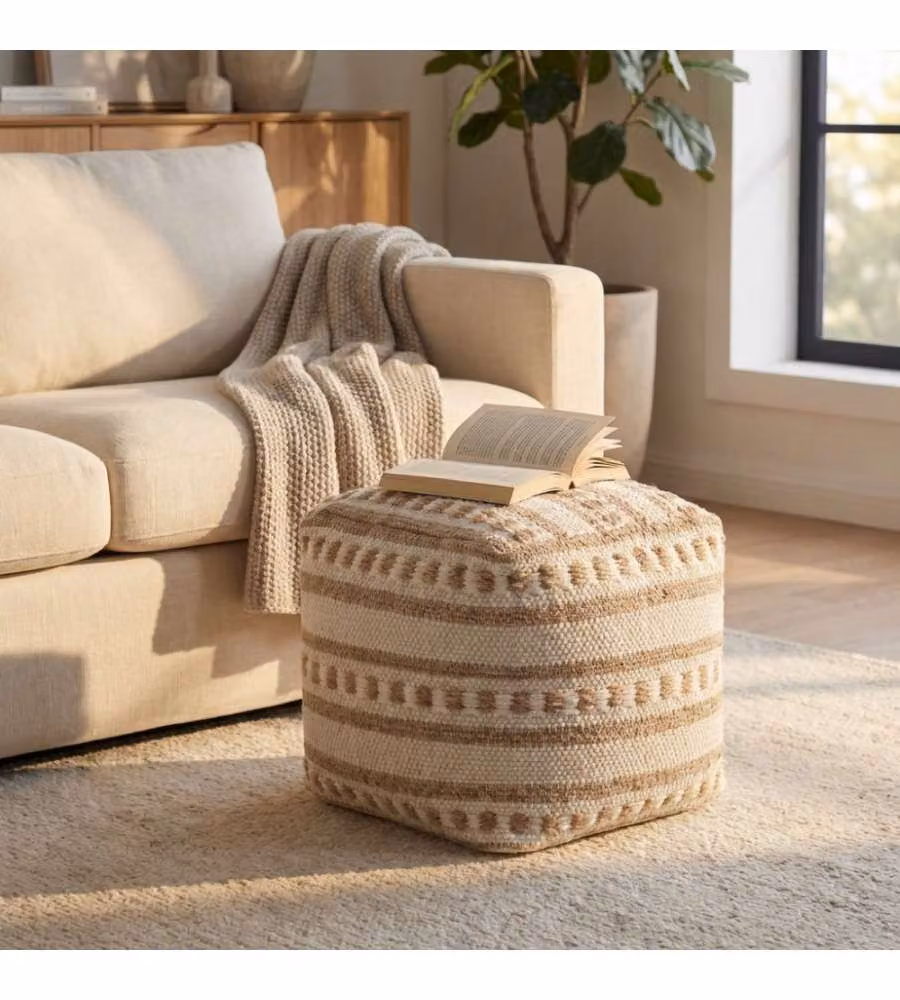 Cosma Pouf Quadrato 40x40 cm in Lana e Cotone Bianco/Marrone