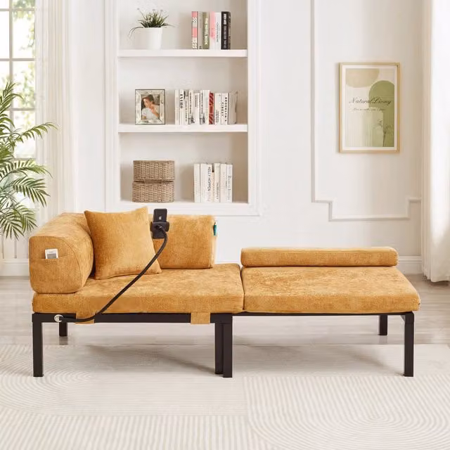 Divano Letto Estraibile WISHDOR in Legno Massello e Tessuto Velvet, Giallo