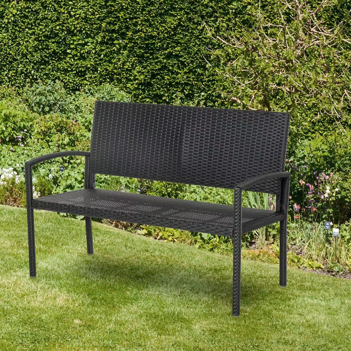 Panca da giardino - Panca da esterno - Lavorazione in vimini su entrambi i lati - Struttura in polyrattan e acciaio - Resistente alle intemperie - Con braccioli - Facile montaggio - 122x60x85 cm - Nero