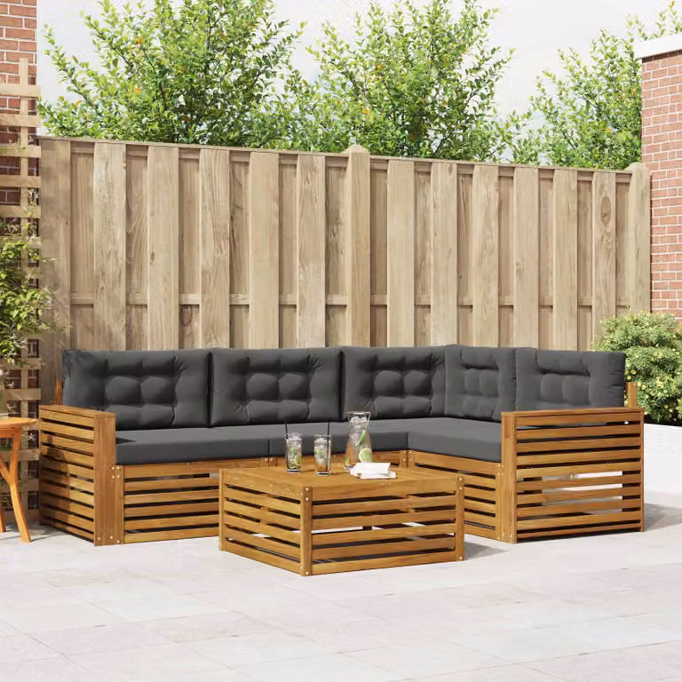 vidaXL Set di divani da esterno a L in legno di acacia con tavolo da caffè, 5 pezzi, Beige e Antracite