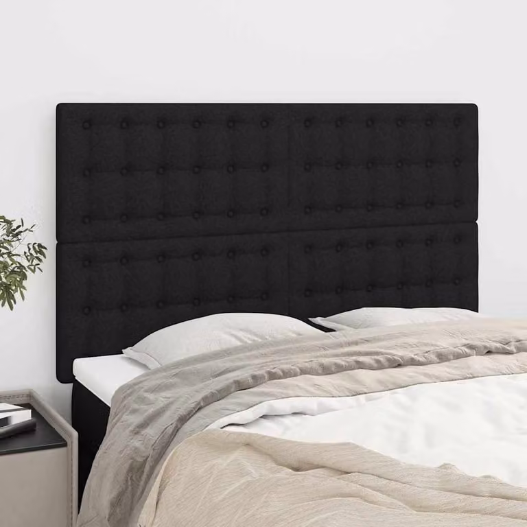 Testiera per letto vidaXL in tessuto nero con struttura in legno e pannello imbottito, L: 144 cm, P: 5 cm, H: 118/128 cm